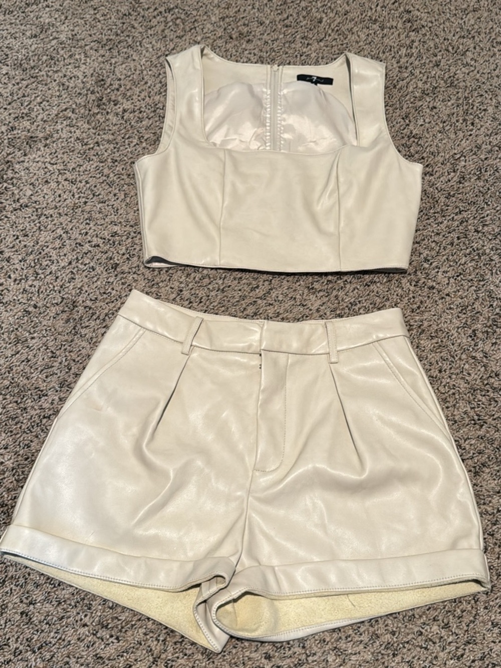 7 For All Mankind Cream Faux Leather High-Waist Shorts Set